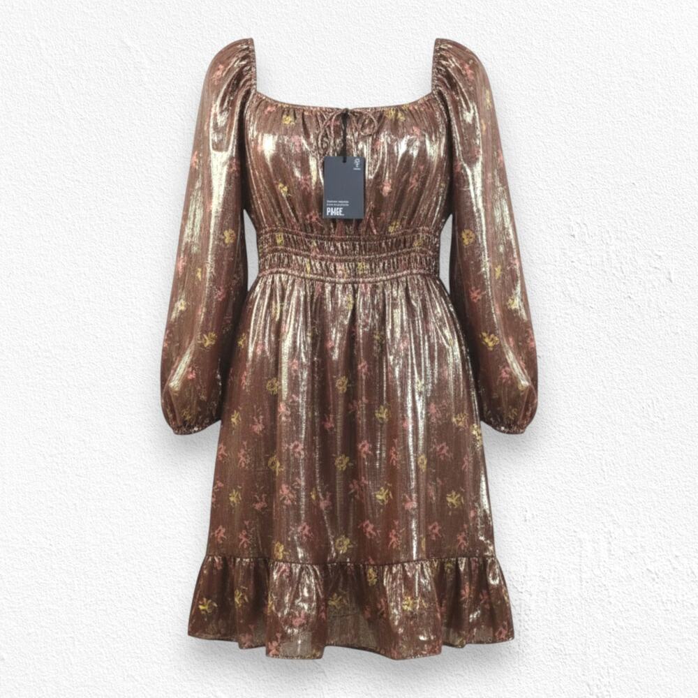 PAIGE Noah Bronze Metallic Silk Floral Smocked Waist Mini Dress Small NWT $350